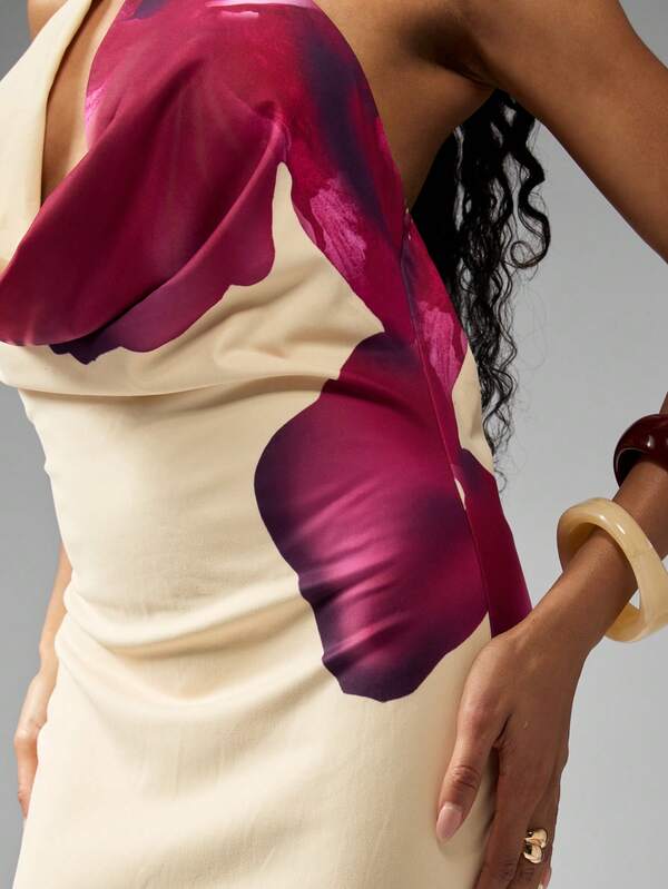 Missguided MISSGUIDED Butterfly Print Halter Neck Maxi Dress With Statement Brooch