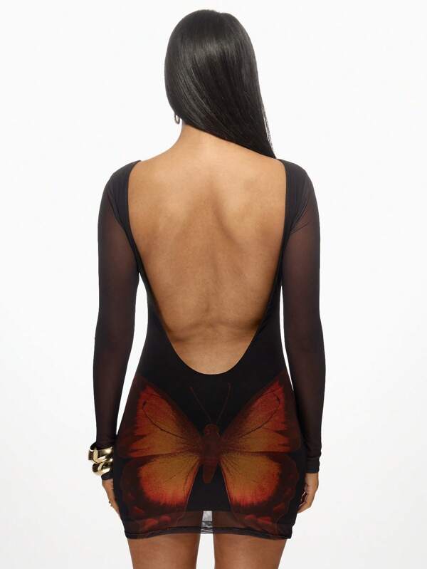 Missguided MISSGUIDED Butterfly Print Mesh Long Sleeve Bodycon Mini Dress