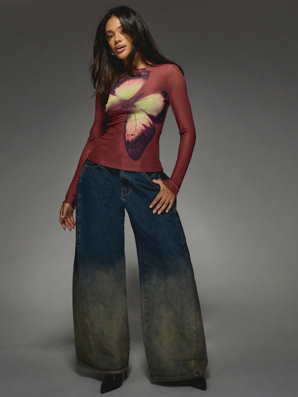 Missguided MISSGUIDED Butterfly Print Mesh Top With Long Sleeves