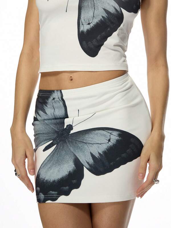 Missguided MISSGUIDED Butterfly Print One Shoulder Crop Top Mini Skirt Set Two Piece Outfit