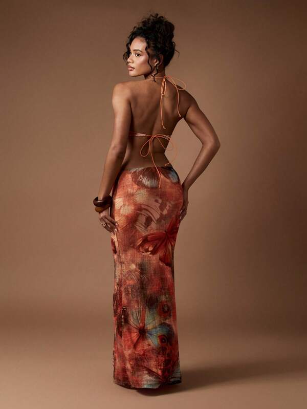 Missguided MISSGUIDED Butterfly Print One Shoulder Cut Out Glamorous Statement Maxi Dress