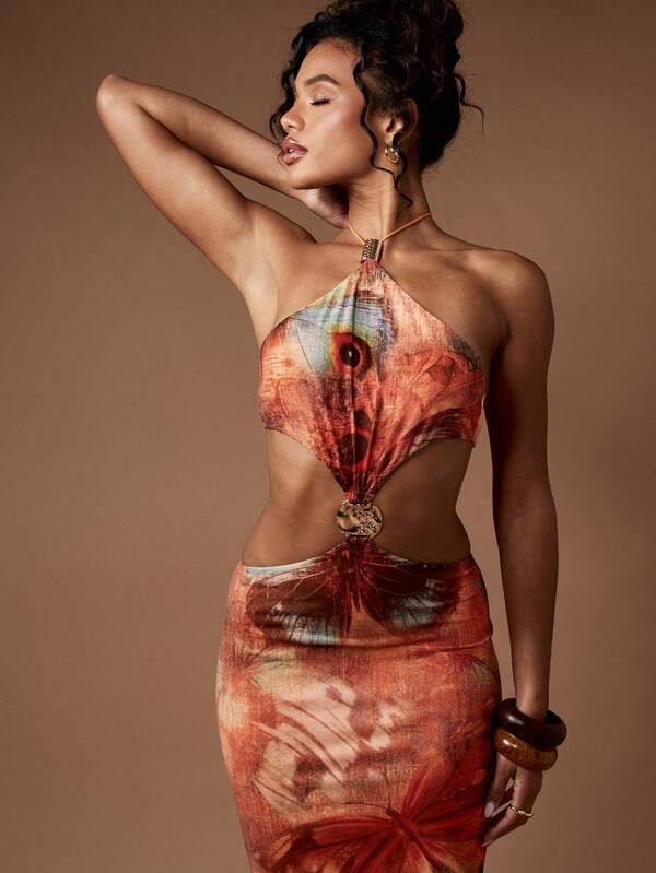 Missguided MISSGUIDED Butterfly Print One Shoulder Cut Out Glamorous Statement Maxi Dress