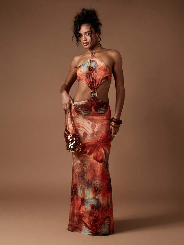 Missguided MISSGUIDED Butterfly Print One Shoulder Cut Out Glamorous Statement Maxi Dress