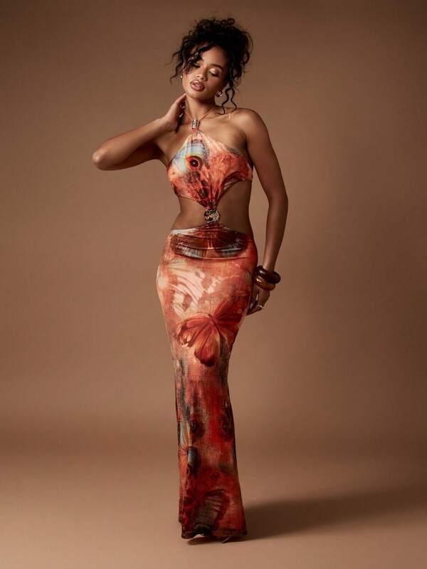 missguided MISSGUIDED Butterfly Print One Shoulder Cut Out Glamorous Statement Maxi Dress