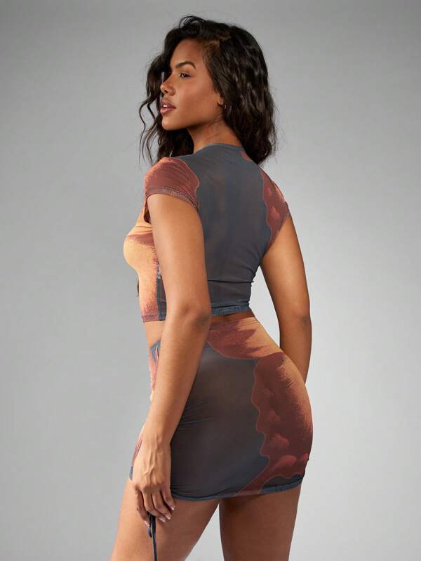 Missguided MISSGUIDED Butterfly Wing Print Mesh Two Piece Crop Top Mini Skirt