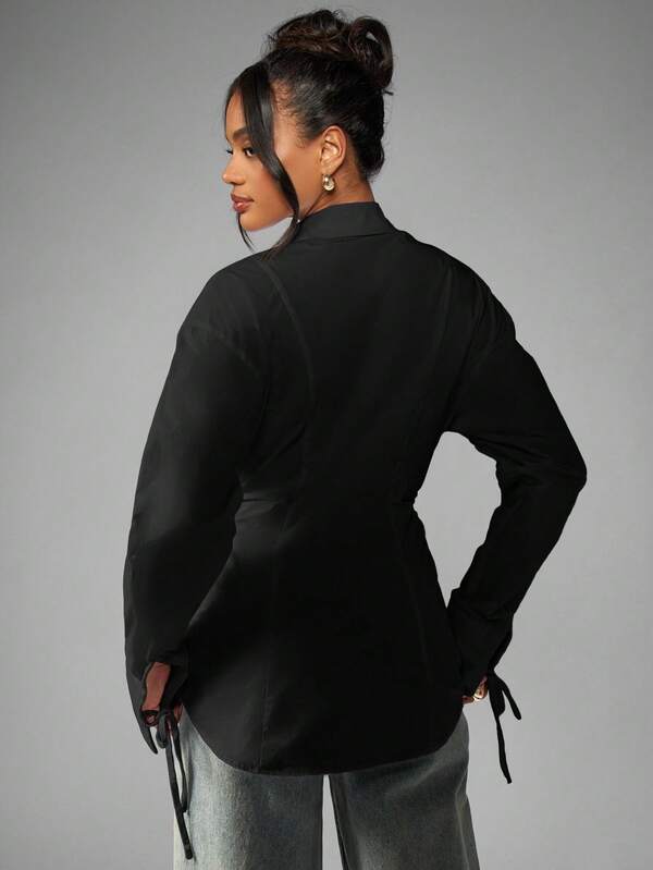 Missguided MISSGUIDED Button Down Blouse With Ruched Waist And Tie Cuffs