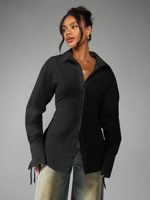 Missguided MISSGUIDED Button Down Blouse With Ruched Waist And Tie Cuffs