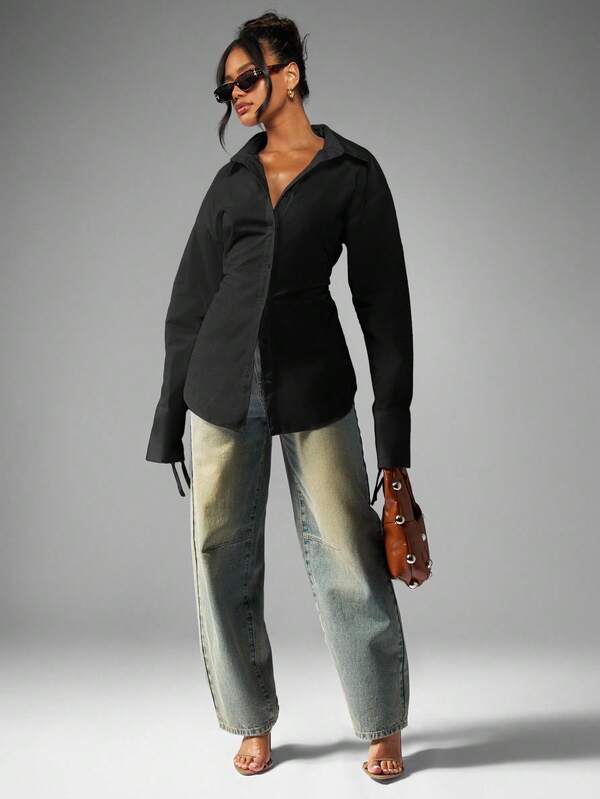 Missguided MISSGUIDED Button Down Blouse With Ruched Waist And Tie Cuffs