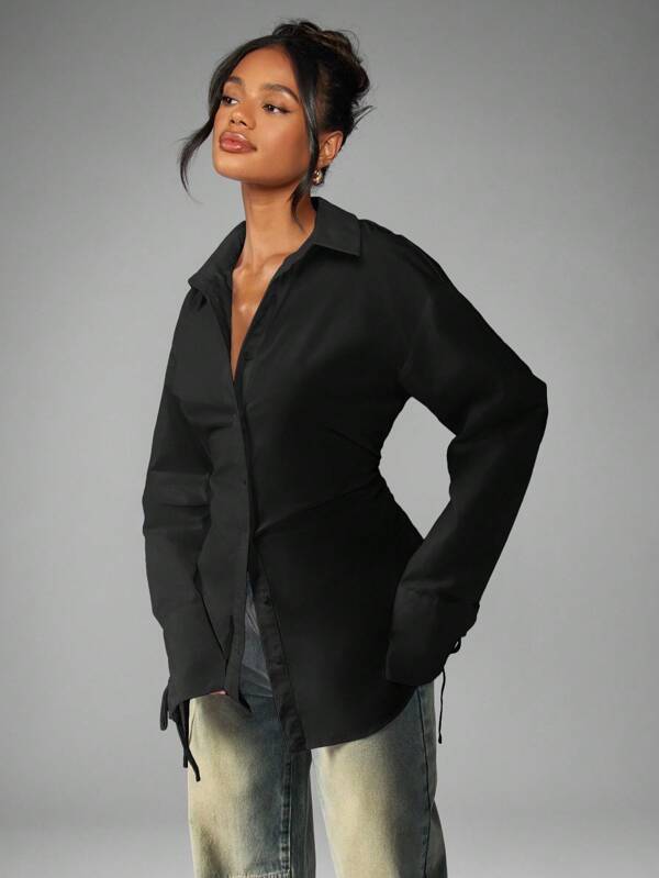 missguided MISSGUIDED Button Down Blouse With Ruched Waist And Tie Cuffs missguided MISSGUIDED Button Down Blouse With Ruched Waist And Tie Cuffs