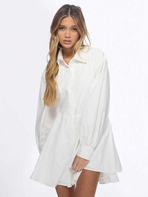 missguided MISSGUIDED Button Down Collared Oversized Mini Dress With Balloon Sleeves
