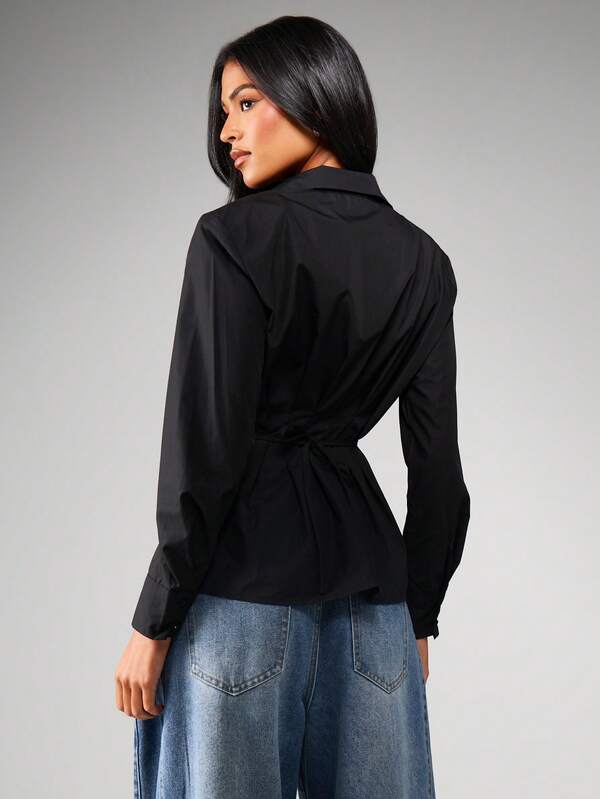 Missguided MISSGUIDED Button Down Collared Poplin Blouse With Fitted Waist