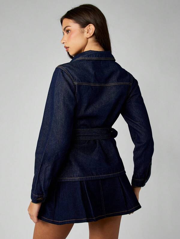 Missguided MISSGUIDED Button Down Denim Jacket With Belt And Patch Pockets