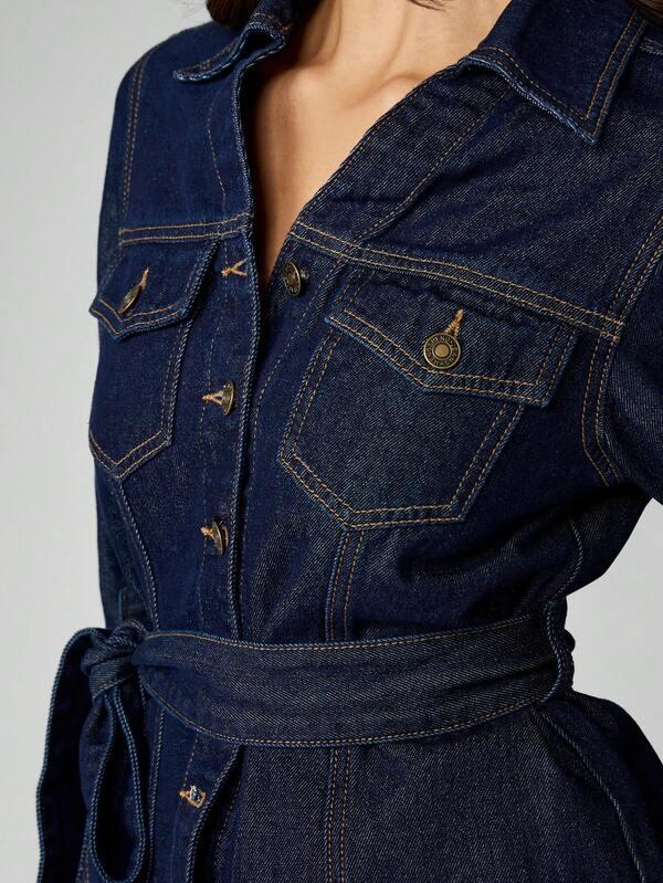 Missguided MISSGUIDED Button Down Denim Jacket With Belt And Patch Pockets