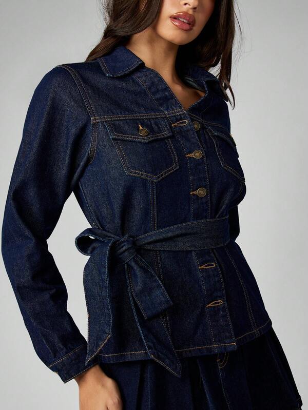 Missguided MISSGUIDED Button Down Denim Jacket With Belt And Patch Pockets