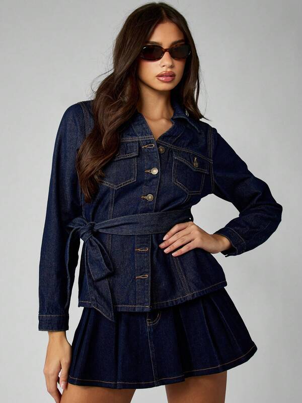 missguided MISSGUIDED Button Down Denim Jacket With Belt And Patch Pockets