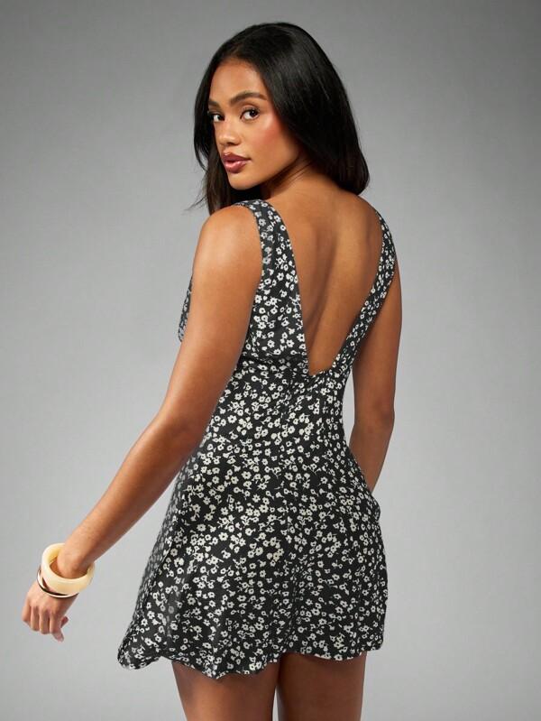 Missguided MISSGUIDED Button Down Mini Dress With Ditsy Floral Pattern And V Neck