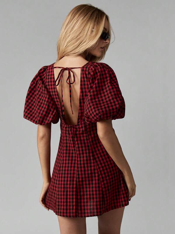 Missguided MISSGUIDED Button Down Mini Dress With Puff Sleeves And Bow Back