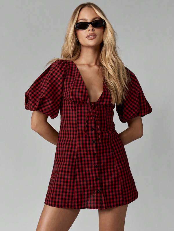Missguided MISSGUIDED Button Down Mini Dress With Puff Sleeves And Bow Back