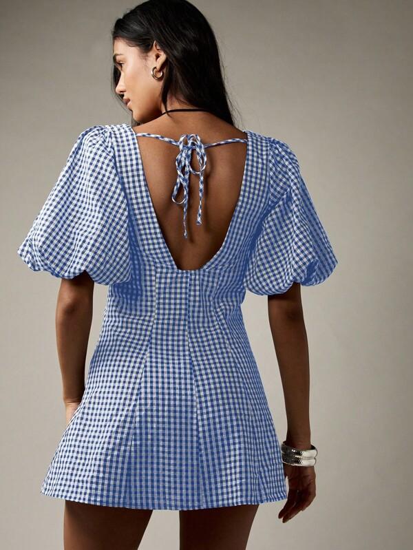 Missguided MISSGUIDED Button Down Mini Dress With Puff Sleeves And Front Tie