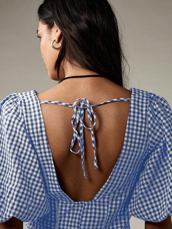 Missguided MISSGUIDED Button Down Mini Dress With Puff Sleeves And Front Tie