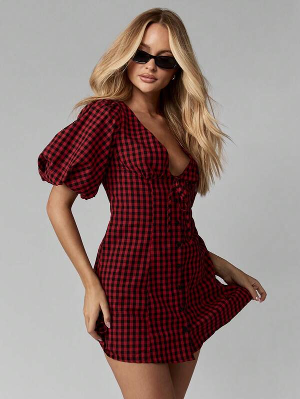 missguided MISSGUIDED Button Down Mini Dress With Puff Sleeves And Bow Back