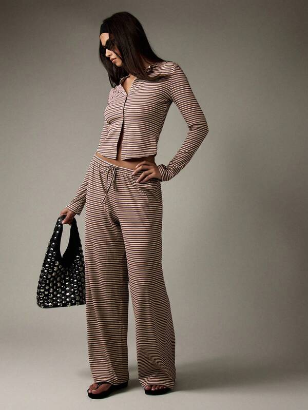 Missguided MISSGUIDED Button Down Ribbed Crop Top And Wide Leg Pants