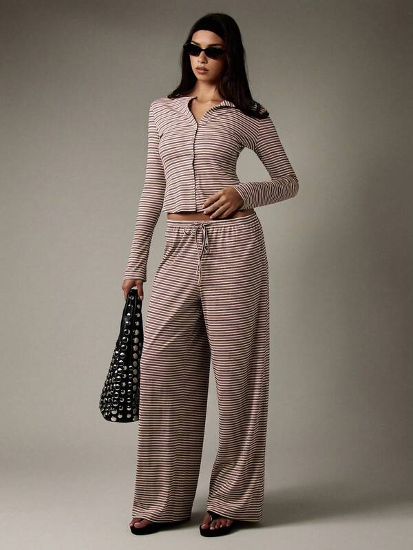 missguided MISSGUIDED Button Down Ribbed Crop Top And Wide Leg Pants