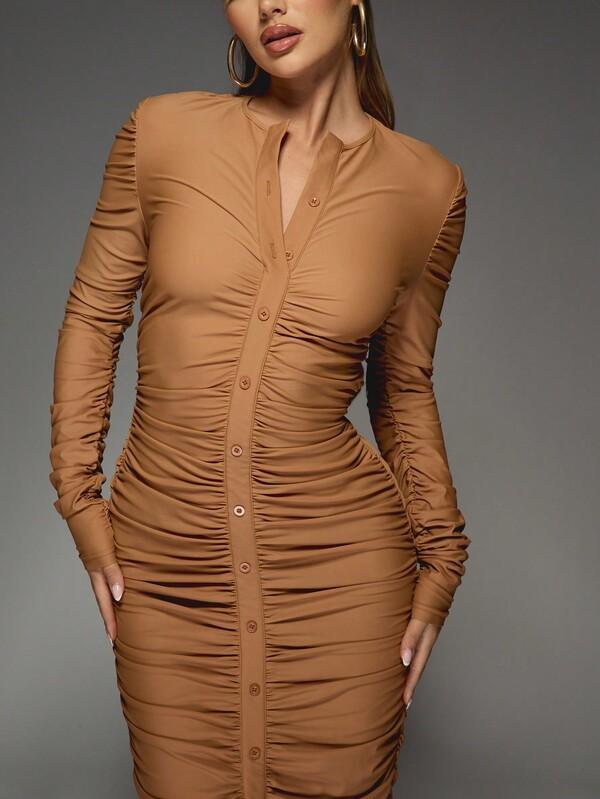 Missguided MISSGUIDED Button Down Slinky Long Sleeves Ruched Maxi Dress