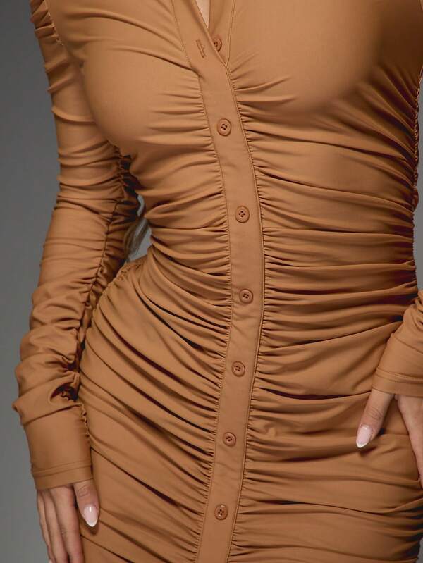 Missguided MISSGUIDED Button Down Slinky Long Sleeves Ruched Maxi Dress