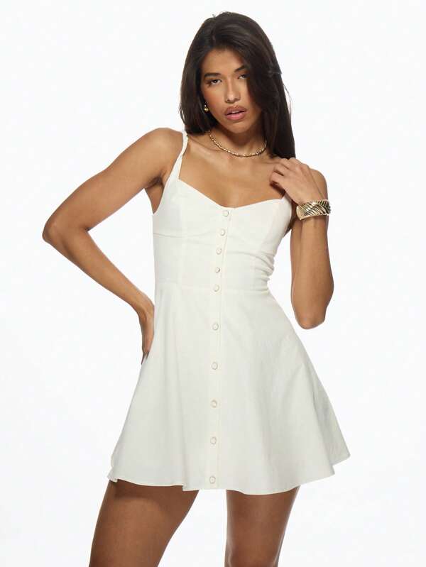 missguided MISSGUIDED Button Down Sweetheart Neckline Fit And Flare Mini Dress