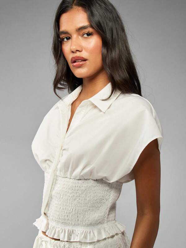 missguided MISSGUIDED Button Front Blouse With Smocked Waist And Ruffled Hem
