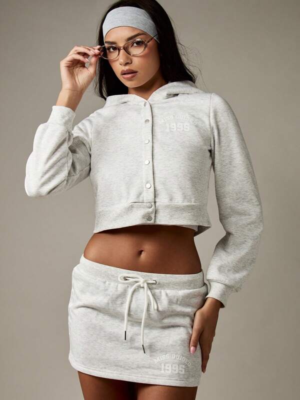 missguided MISSGUIDED Button Front Cropped Hoodie With Mini Skirt Set