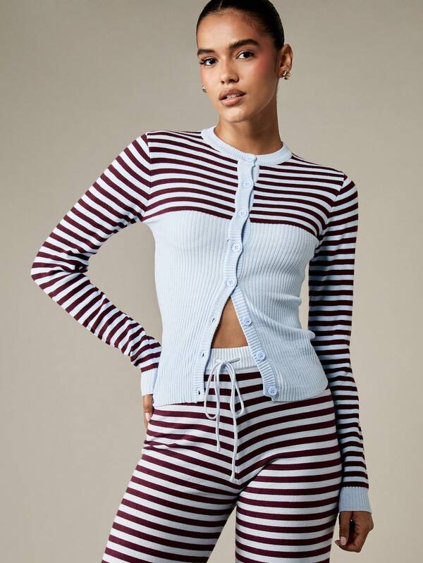 missguided MISSGUIDED Button Front Knit Cardigan With Ribbed Stripe Pattern