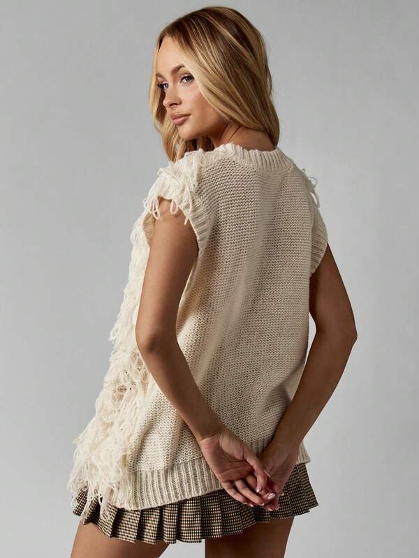 Missguided MISSGUIDED Button Front Knit Vest With Decorative Fringe