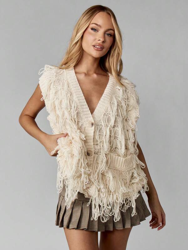 Missguided MISSGUIDED Button Front Knit Vest With Decorative Fringe