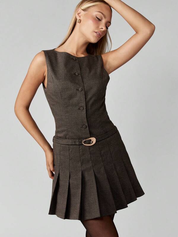 Missguided MISSGUIDED Button Front Mini Dress With Pleated Skirt And Belt