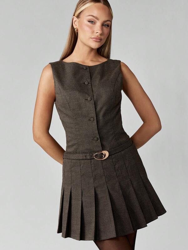 missguided MISSGUIDED Button Front Mini Dress With Pleated Skirt And Belt