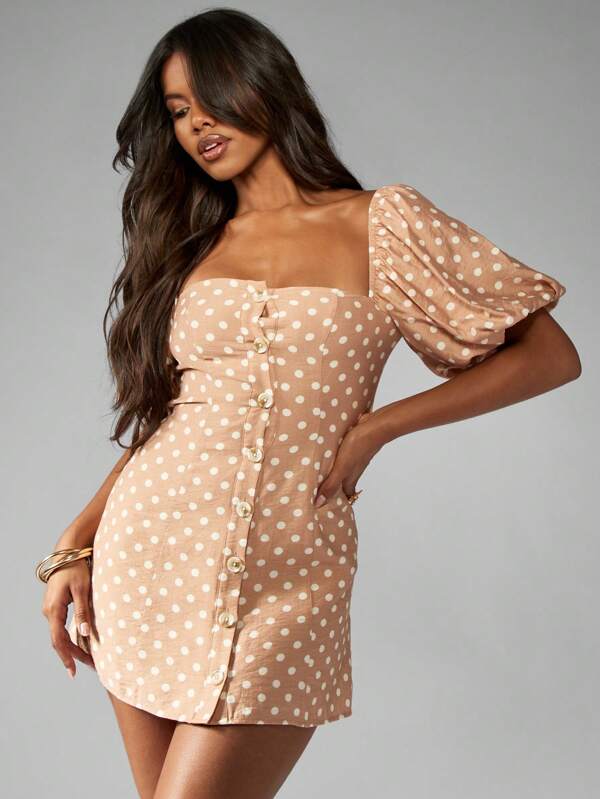 missguided MISSGUIDED Button Front Puff Sleeve Square Neck Mini Dresses Are Here
