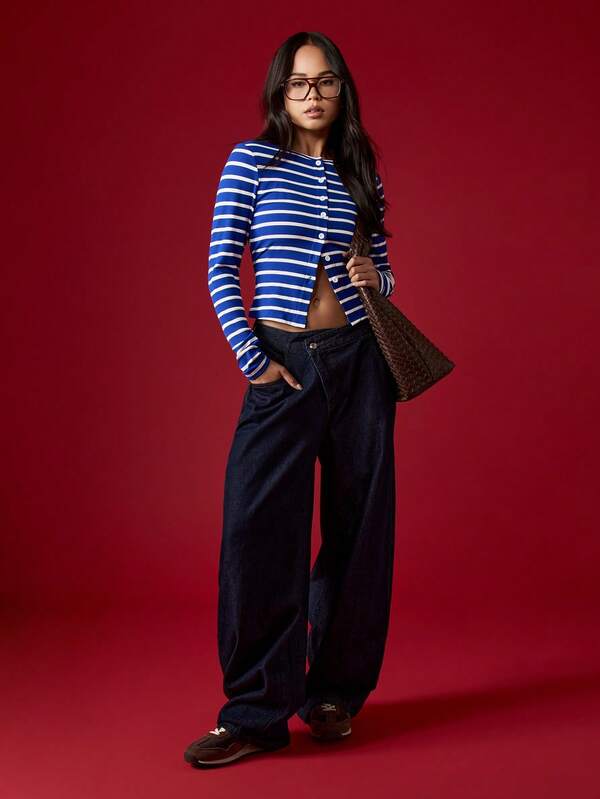 Missguided MISSGUIDED Button Front Ribbed Cardigan With Crew Neck Stripes