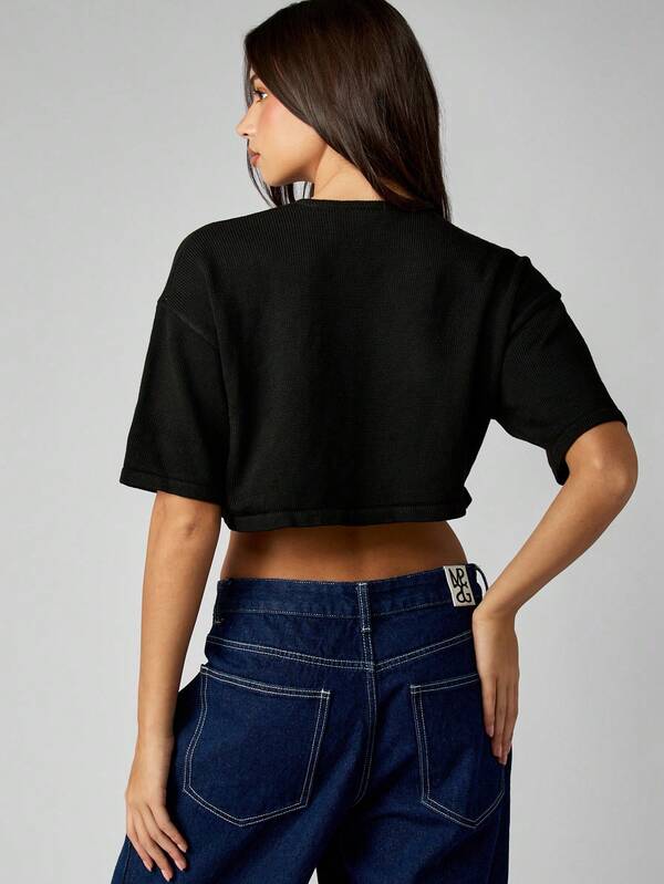 Missguided MISSGUIDED Button-Front Ribbed Cardigan With Short Sleeves
