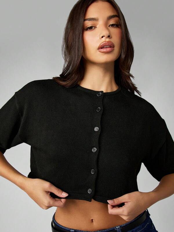 Missguided MISSGUIDED Button-Front Ribbed Cardigan With Short Sleeves
