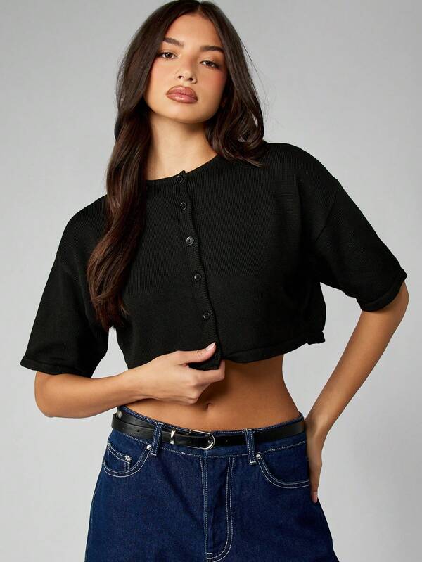 missguided MISSGUIDED Button-Front Ribbed Cardigan With Short Sleeves