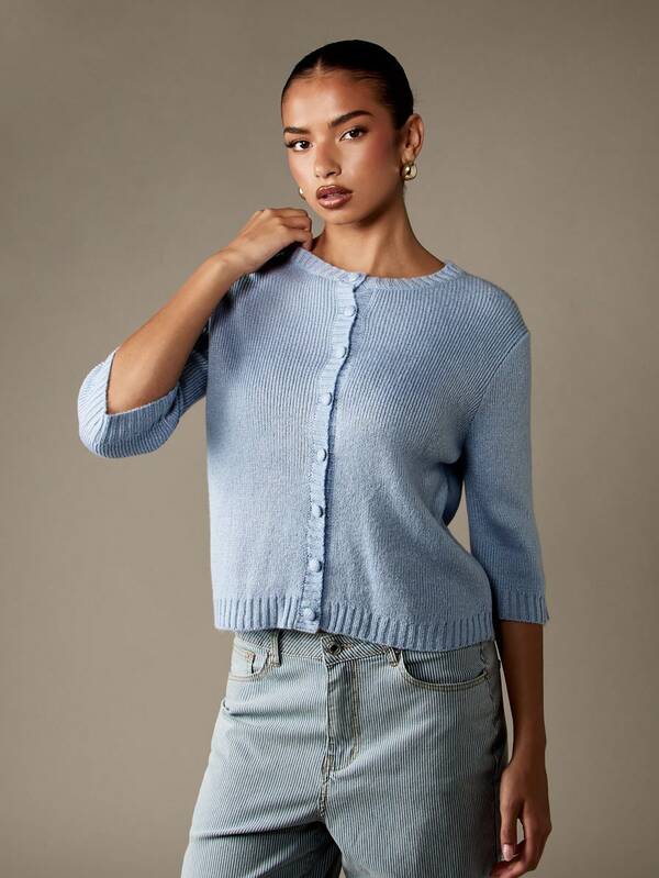 Missguided MISSGUIDED Button Front Ribbed Cardigan With Three Quarter Sleeves