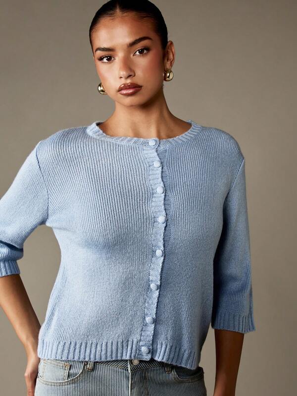 missguided MISSGUIDED Button Front Ribbed Cardigan With Three Quarter Sleeves