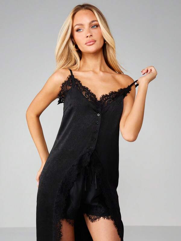 Missguided MISSGUIDED Button Front Satin Cami With Lace Trim