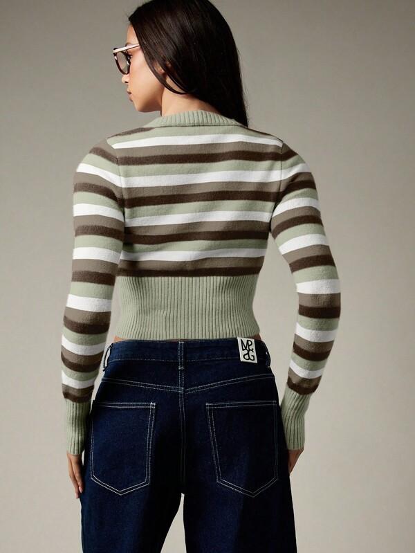 Missguided MISSGUIDED Button Front Striped Knit Cardigan With Ribbed Trim