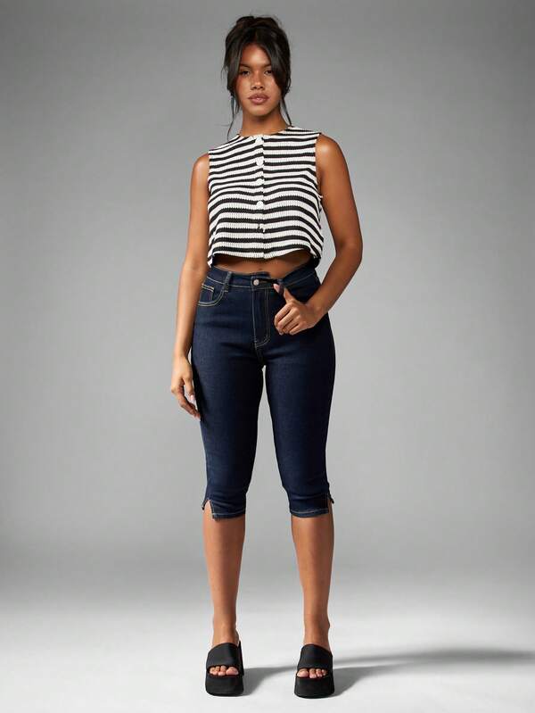 Missguided MISSGUIDED Button Front Striped Knit Crop Tank Top