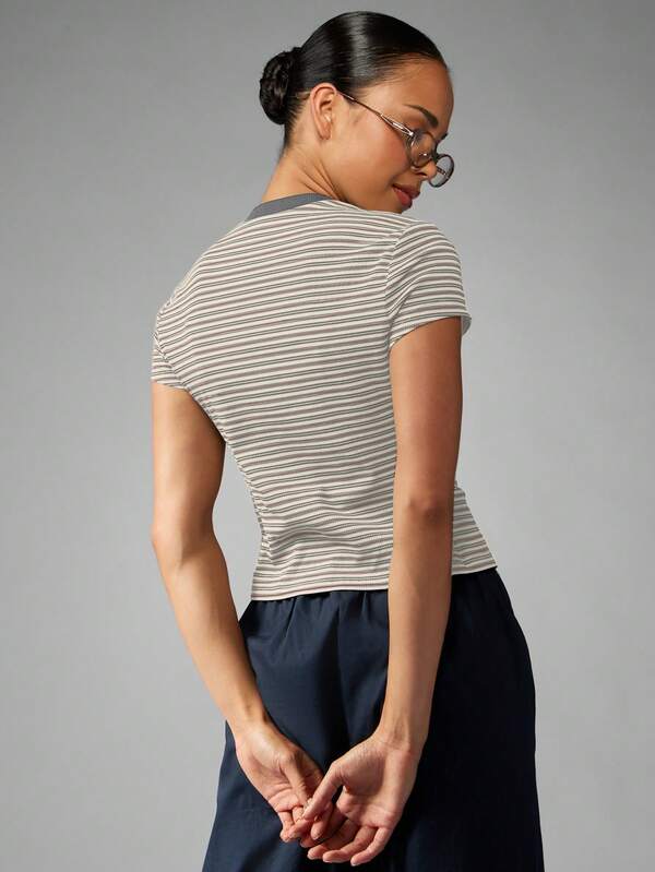 Missguided MISSGUIDED Button Front Striped Ribbed Top