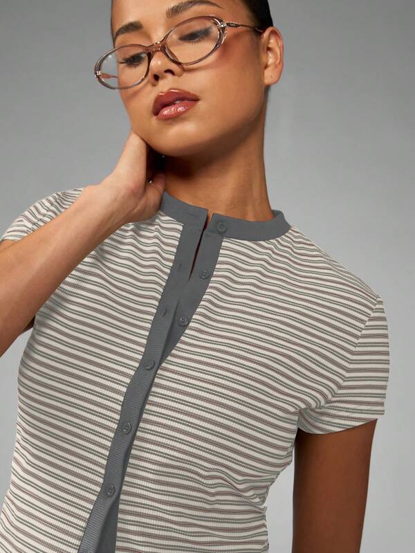 Missguided MISSGUIDED Button Front Striped Ribbed Top