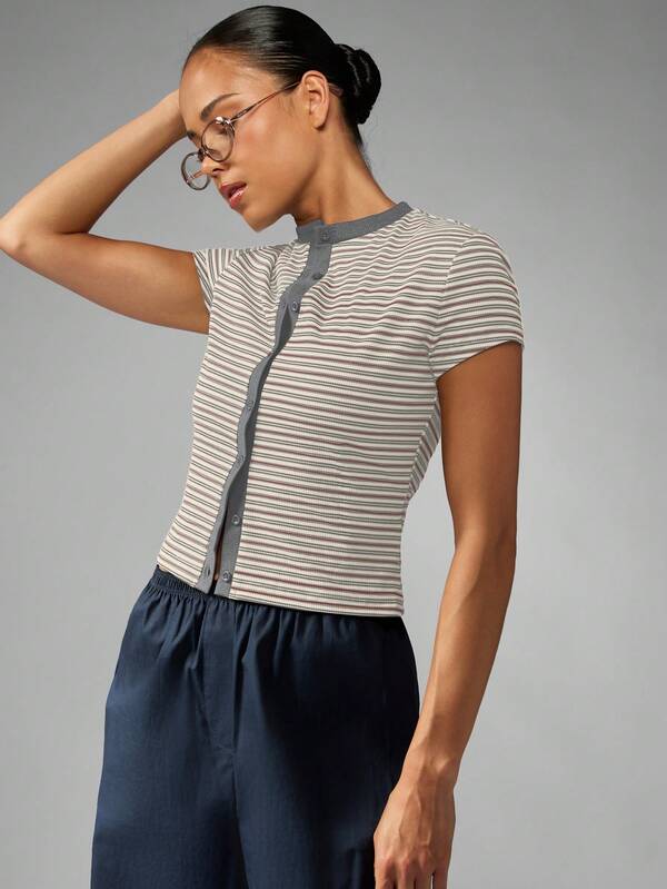 missguided MISSGUIDED Button Front Striped Ribbed Top